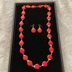 Red Stones with Gold Accents Necklace with matching Earrings Set